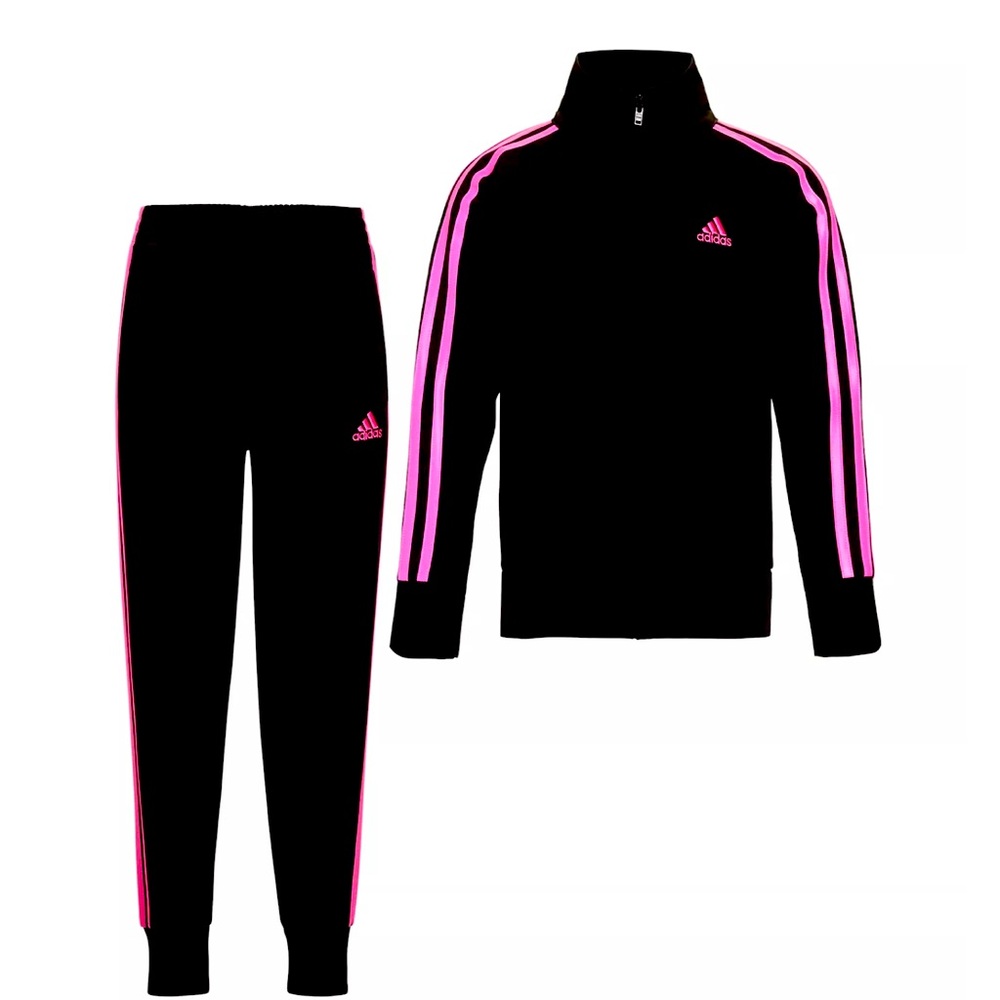 New Girls Adidas 3-Stripes Track Suit-
Black with Hot Pink Stripes